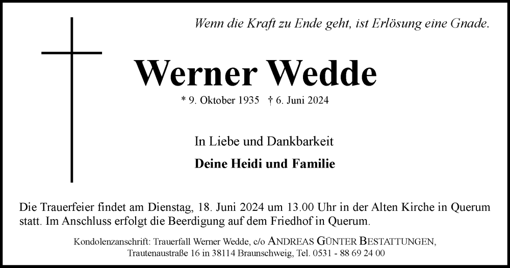  Traueranzeige für Werner Wedde vom 15.06.2024 aus Braunschweiger Zeitung