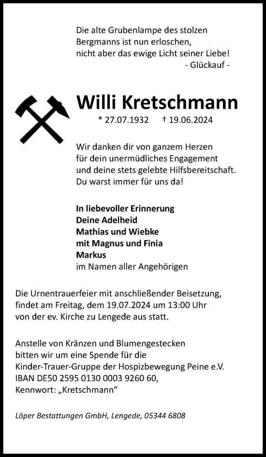 Traueranzeige von Willi Kretschmann von Peiner Nachrichten