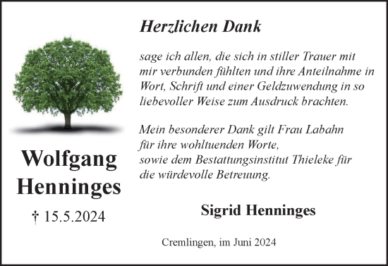 Traueranzeige von Wolfgang Henninges von Wolfenbütteler Zeitung