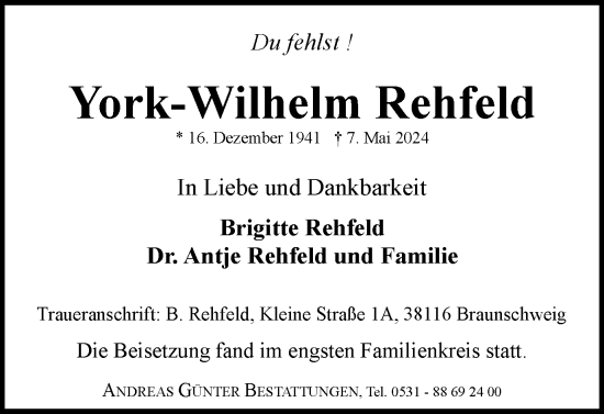 Traueranzeige von York-Wilhelm Rehfeld von Braunschweiger Zeitung