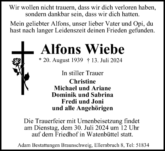 Traueranzeige von Alfons Wiebe von Braunschweiger Zeitung