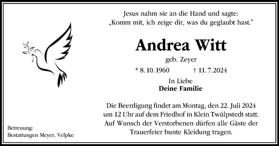Traueranzeige von Andrea Witt von Wolfsburger Nachrichten
