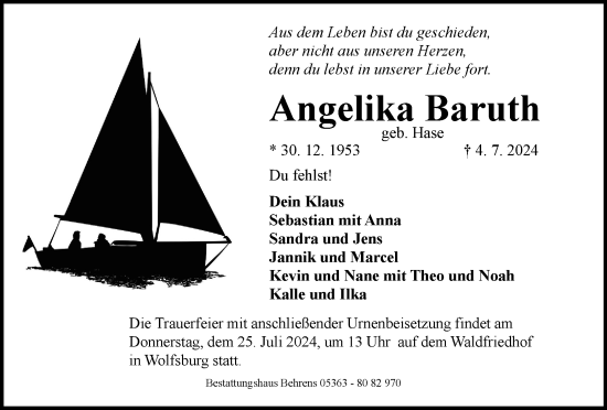 Traueranzeige von Angelika Baruth von Wolfsburger Nachrichten