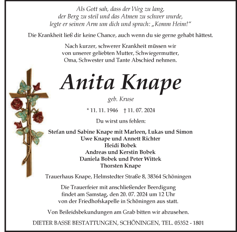  Traueranzeige für Anita Knape vom 17.07.2024 aus Helmstedter Nachrichten