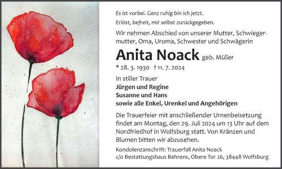 Traueranzeige von Anita Noack von Wolfsburger Nachrichten