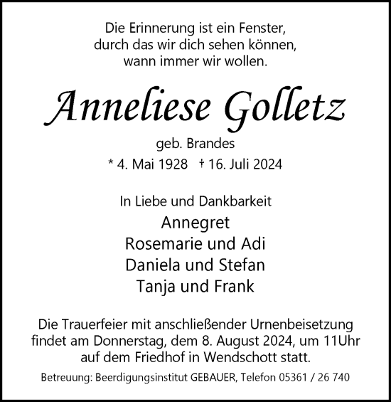 Traueranzeige von Anneliese Golletz von Wolfsburger Nachrichten