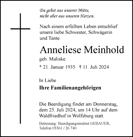 Traueranzeige von Anneliese Meinhold von Wolfsburger Nachrichten