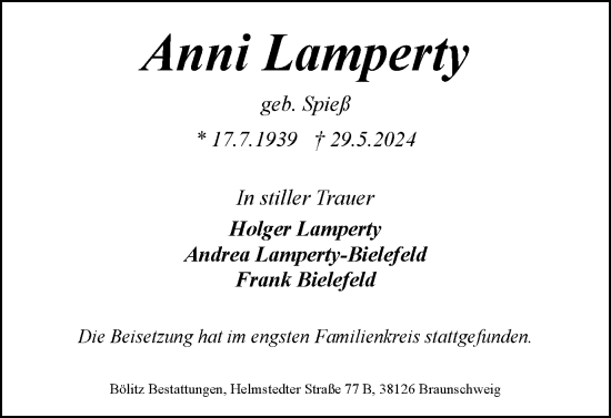 Traueranzeige von Anni Lamperty von Braunschweiger Zeitung