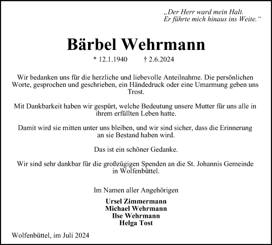 Traueranzeige von Bärbel Wehrmann von Braunschweiger Zeitung