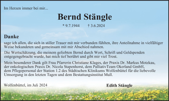 Traueranzeige von Bernd Stängle von Wolfenbütteler Zeitung