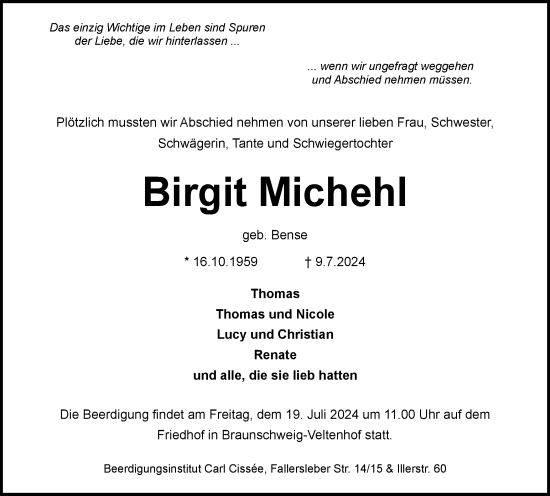 Traueranzeige von Birgit Michehl von Braunschweiger Zeitung