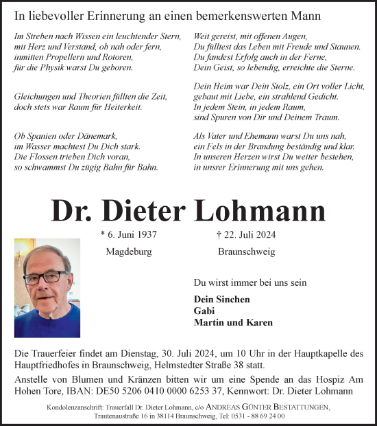 Traueranzeige von Dieter Lohmann von Braunschweiger Zeitung