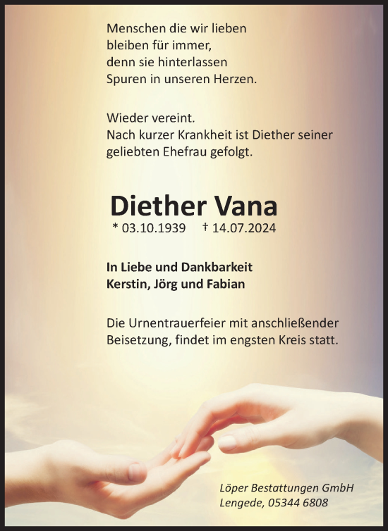 Traueranzeige von Diether Vana von Salzgitter-Zeitung, Peiner Nachrichten