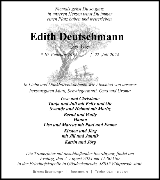Traueranzeige von Edith Deutschmann von Braunschweiger Zeitung