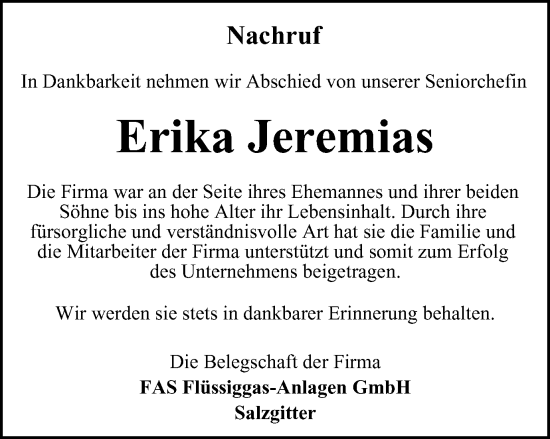 Traueranzeige von Erika Jeremias von Salzgitter-Zeitung