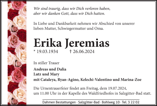 Traueranzeige von Erika Jeremias von Salzgitter-Zeitung