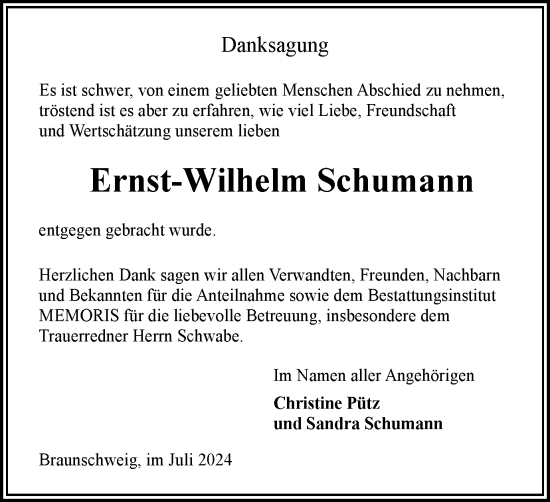 Traueranzeige von Ernst-Wilhelm Schumann von Braunschweiger Zeitung