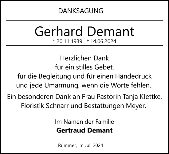 Traueranzeige von Gerhard Demant von Helmstedter Nachrichten