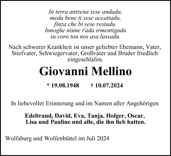 Traueranzeige von Giovanni Mellino von Wolfsburger Nachrichten, Wolfenbütteler Zeitung