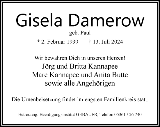 Traueranzeige von Gisela Damerow von Wolfsburger Nachrichten