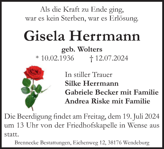 Traueranzeige von Gisela Herrmann von Braunschweiger Zeitung