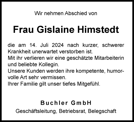 Traueranzeige von Gislaine Himstedt von Braunschweiger Zeitung
