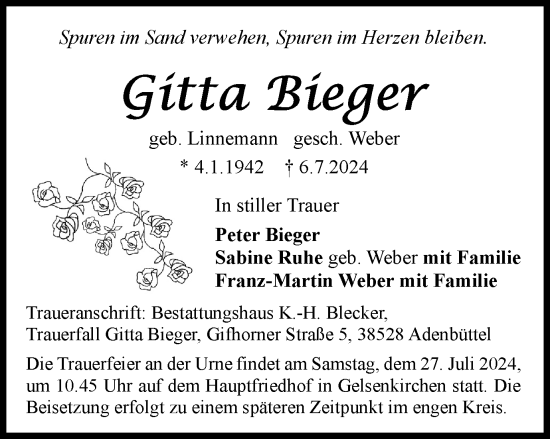 Traueranzeige von Gitta Bieger von Braunschweiger Zeitung