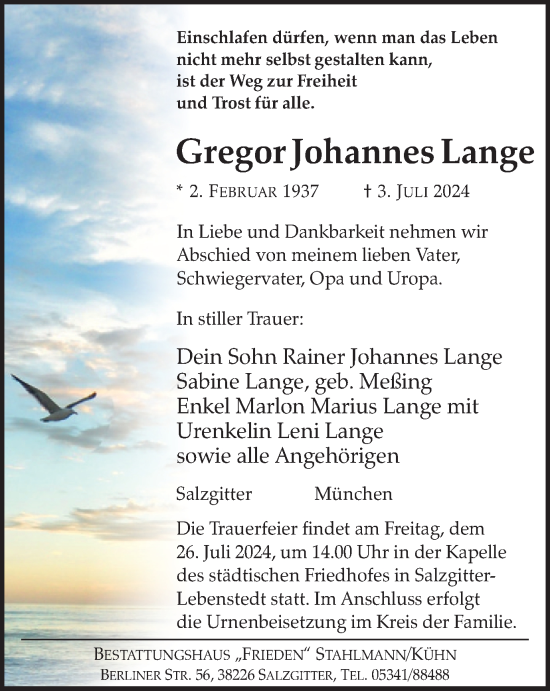 Traueranzeige von Gregor Lange von Salzgitter-Zeitung