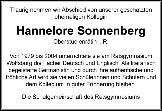 Traueranzeige von Hannelore Sonnenberg von Wolfsburger Nachrichten