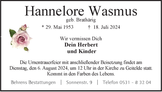 Traueranzeige von Hannelore Wasmus von Braunschweiger Zeitung