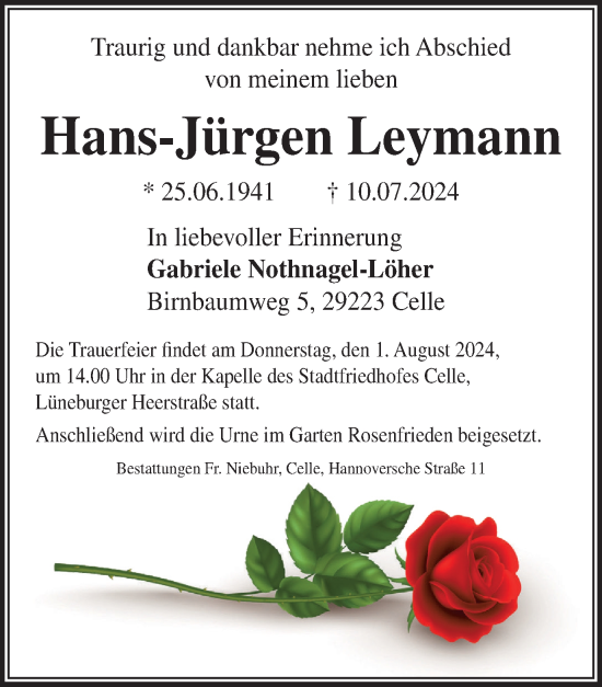 Traueranzeige von Hans-Jürgen Leymann von Braunschweiger Zeitung, Salzgitter-Zeitung