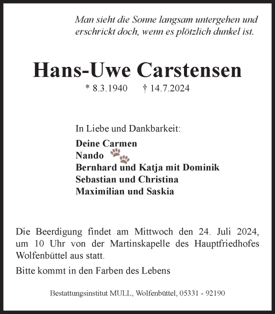 Traueranzeige von Hans-Uwe Carstensen von Wolfenbütteler Zeitung