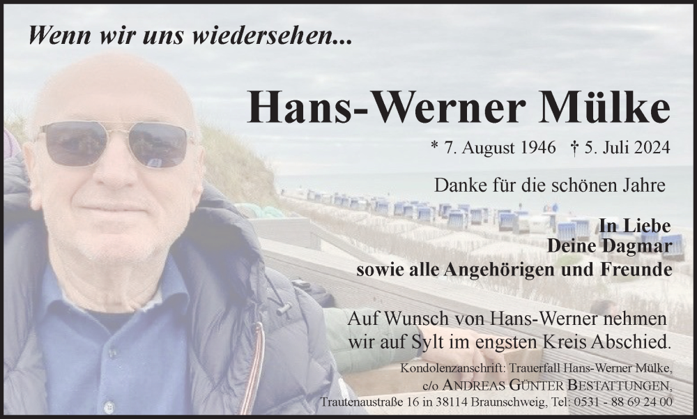  Traueranzeige für Hans-Werner Mülke vom 13.07.2024 aus Braunschweiger Zeitung