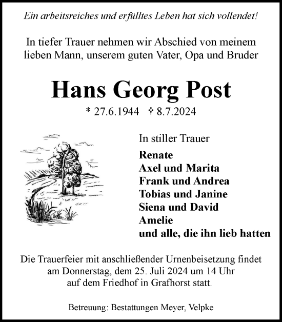 Traueranzeige von Hans Georg Post von Helmstedter Nachrichten