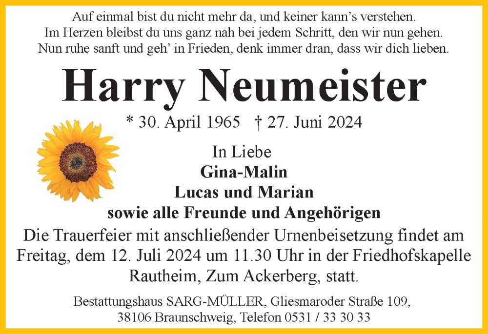  Traueranzeige für Harry Neumeister vom 06.07.2024 aus Braunschweiger Zeitung