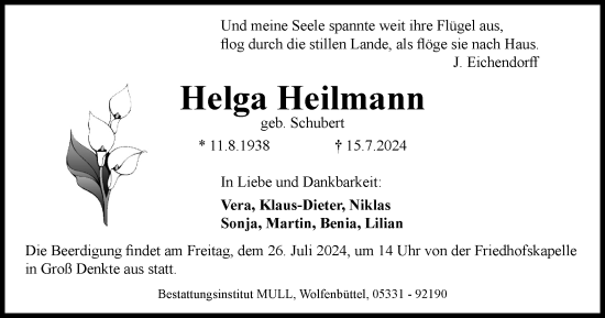 Traueranzeige von Helga Heilmann von Wolfenbütteler Zeitung