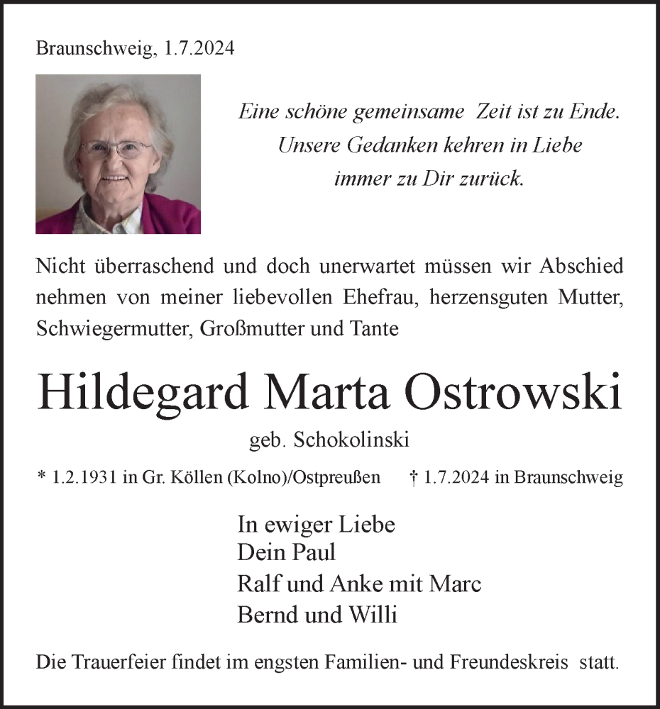  Traueranzeige für Hildegard Marta Ostrowski vom 13.07.2024 aus Neue Braunschweiger am Samstag