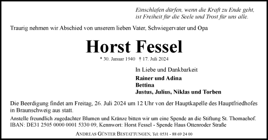 Traueranzeige von Horst Fessel von Braunschweiger Zeitung