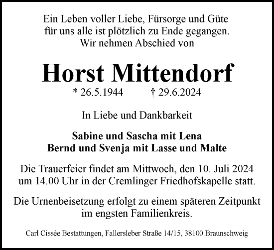 Traueranzeige von Horst Mittendorf von Wolfenbütteler Zeitung