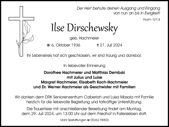 Traueranzeige von Ilse Dirschewsky von Wolfsburger Nachrichten
