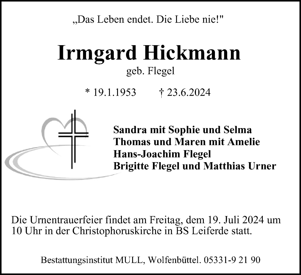  Traueranzeige für Irmgard Hickmann vom 06.07.2024 aus Braunschweiger Zeitung