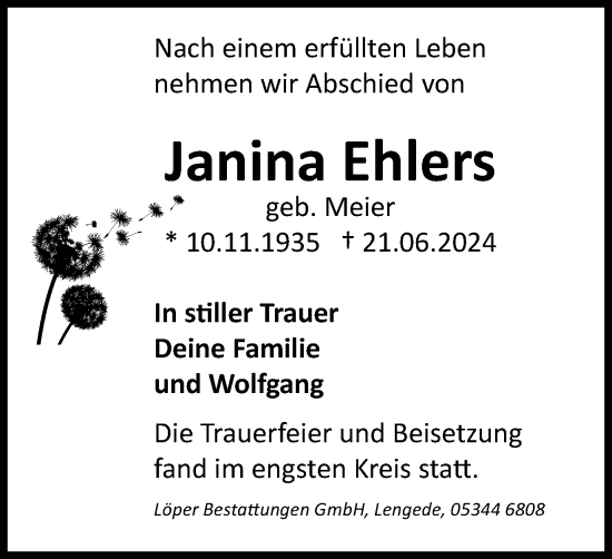 Traueranzeige von Janina Ehlers von Salzgitter-Zeitung