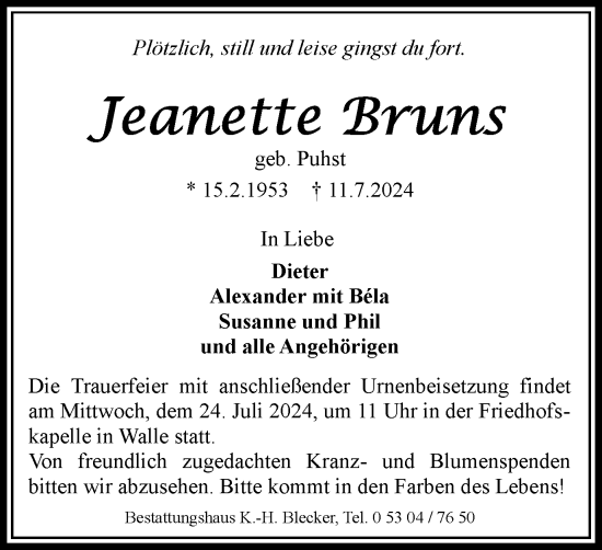 Traueranzeige von Jeanette Bruns von Braunschweiger Zeitung