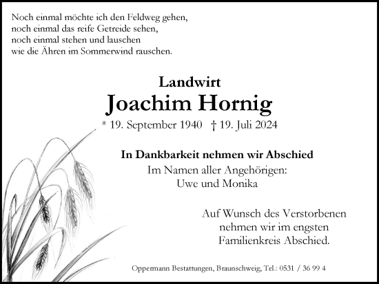 Traueranzeige von Joachim Hornig von Braunschweiger Zeitung