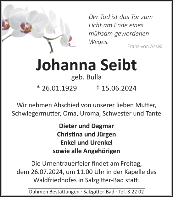 Traueranzeige von Johanna Seibt von Salzgitter-Zeitung