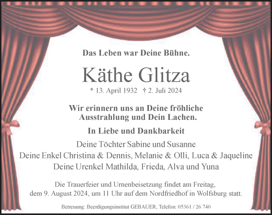 Traueranzeige von Käthe Glitza von Wolfsburger Nachrichten