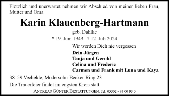 Traueranzeige von Karin Klauenberg-Hartmann von Braunschweiger Zeitung, Salzgitter-Zeitung