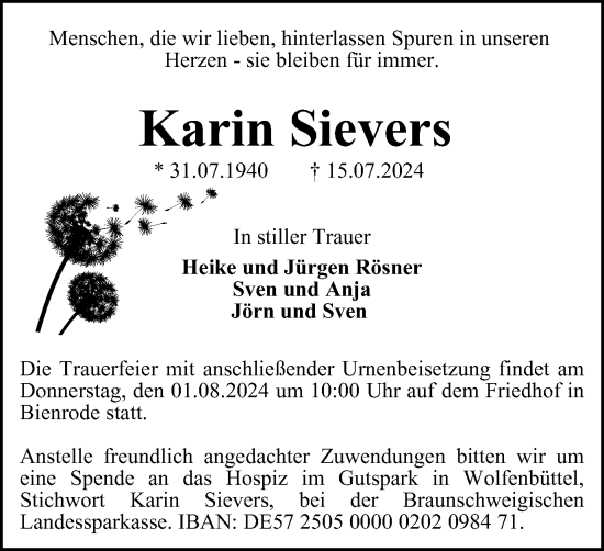 Traueranzeige von Karin Sievers von Braunschweiger Zeitung