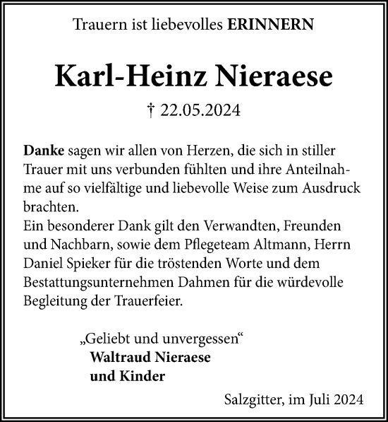 Traueranzeige von Karl-Heinz Nieraese von Salzgitter-Zeitung