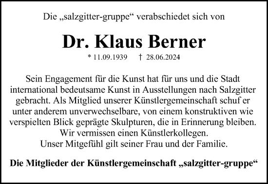 Traueranzeige von Klaus Berner von Salzgitter-Zeitung